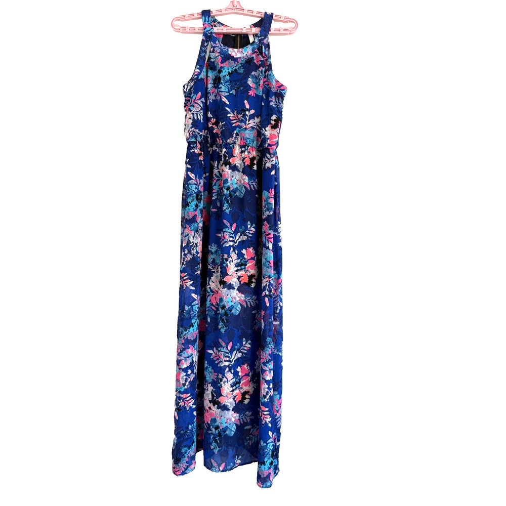 Xhilaration Women Sleeveless Maxi Dress Blue Pink Floral Beach Size Medium